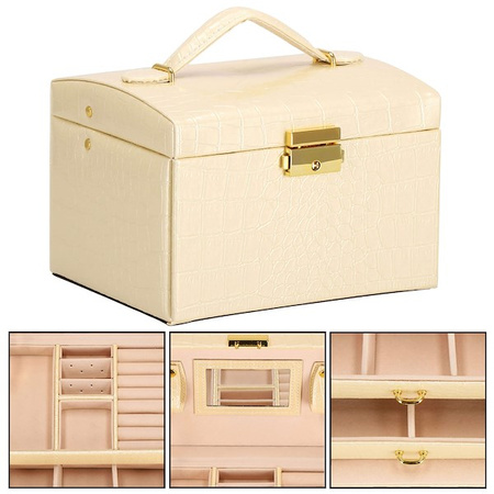 Kuferek, szkatułka na biżuterię 17,5x14x12,5 cm ecru z szufladami i lusterkiem