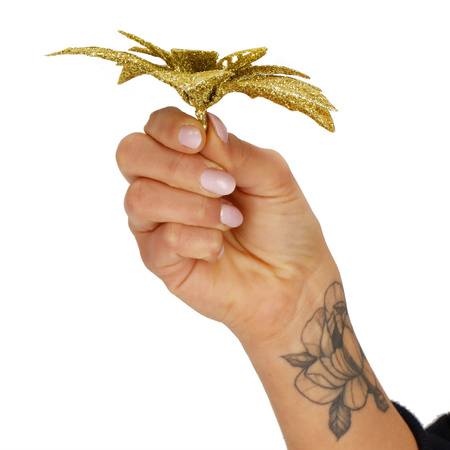 Gwiazda betlejemska, sztuczny kwiat poinsecja 12 cm złoty z brokatem