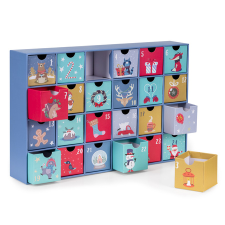 Kalendarz adwentowy, świąteczny 24 szufladki do uzupełnienia, multikolor