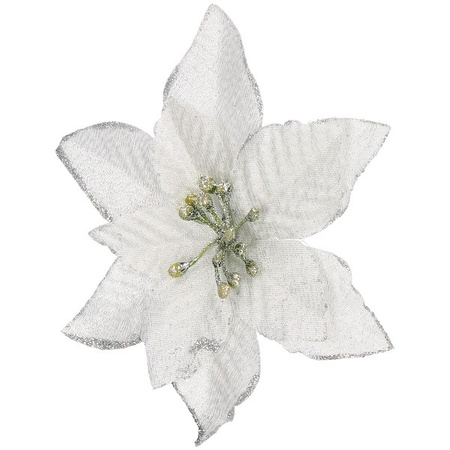 Gwiazda betlejemska, sztuczny kwiat poinsecja srebrna z brokatem, na klipsie