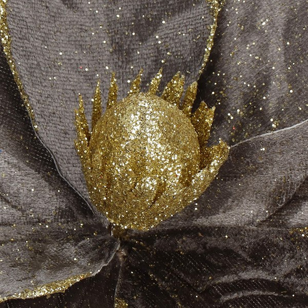 Gwiazda betlejemska, sztuczny kwiat na klipsie poinsecja szaro-złota z brokatem