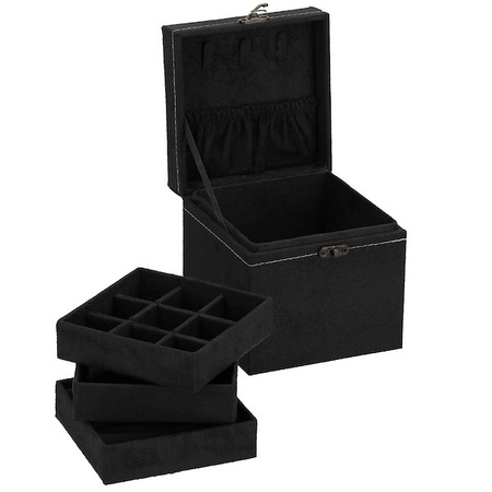 Kuferek, szkatułka na biżuterię 12x12x12 cm czarny z przegródkami welurowy