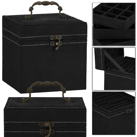 Kuferek, szkatułka na biżuterię 12x12x12 cm czarny z przegródkami welurowy