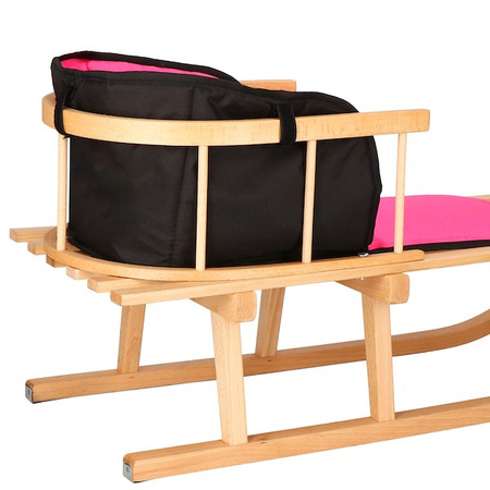 Sanki dla dzieci drewniane z oparciem i różowo-czarnym materacykiem