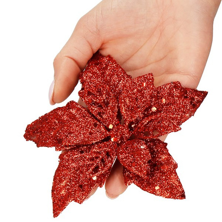 Gwiazda betlejemska, sztuczny kwiat poinsecja 13 cm czerwony z brokatem