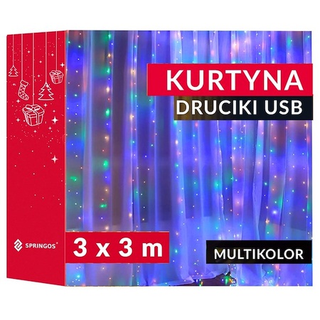 Kurtyna świetlna 300 led girlanda, lampki druciki z programatorem wewnętrzno-zewnętrzne multikolor
