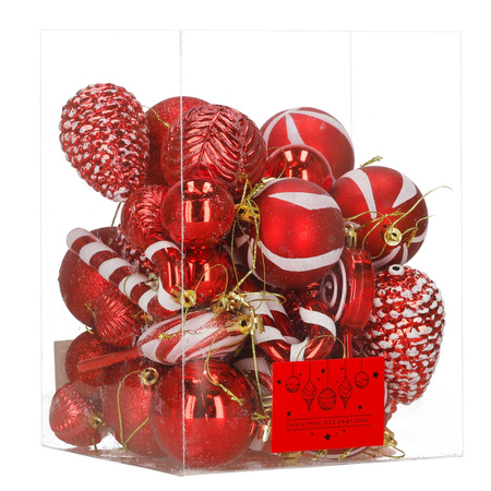 Bombki choinkowe 40 szt. okrągłe, lizaki, szyszki, laski cukrowe nietłukące ozdoby czerwone