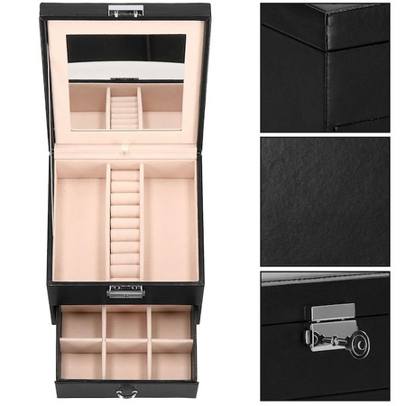 Kufer, szkatułka na biżuterię ekoskóra 16x16x11 cm czarny z szufladą i lusterkiem