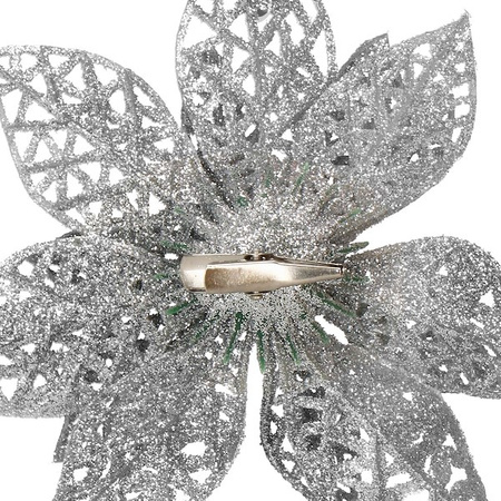 Gwiazda betlejemska, sztuczny kwiat, poinsecja ażurowa, srebrna z brokatem na klipsie