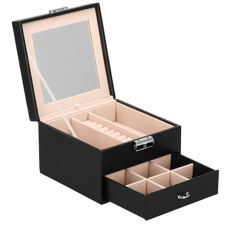 Kufer, szkatułka na biżuterię ekoskóra 16x16x11 cm czarny z szufladą i lusterkiem