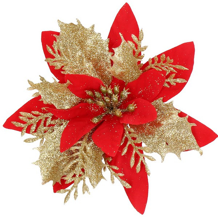 Gwiazda betlejemska, sztuczny kwiat, poinsecja czerwono-złota z brokatem na klipsie