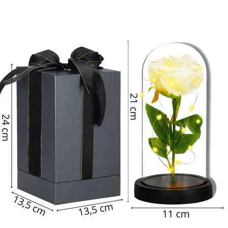 Wieczna róża w szklanym kloszu 21 cm świecąca dekoracja LED sztuczny kwiat biały