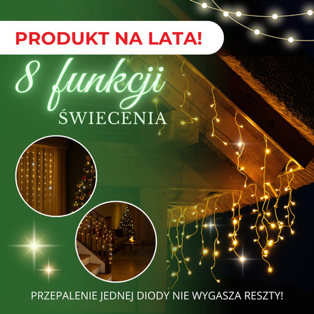 Kurtyna świetlna 300 led girlanda, lampki wewnętrzno-zewnętrzne sople biały ciepły + biały flash