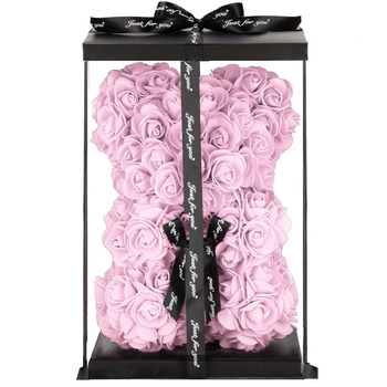 Miś z czarną kokardką z róż 22 cm różowy miś różany w pudełku