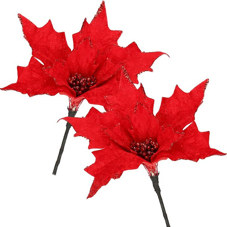 Gwiazda betlejemska 2 szt. sztuczny kwiat, poinsecja czerwona z brokatem