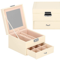 Kufer, szkatułka na biżuterię ekoskóra 16x16x11 cm kremowy z szufladą i lusterkiem