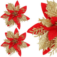 Gwiazda betlejemska 2 szt. sztuczny kwiat, poinsecja czerwono-złota z brokatem na klipsie