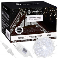 Kurtyna świetlna 14,5 m girlanda, lampki wewnętrzno-zewnętrzne 300 led sople zimny biały z flash