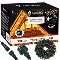 Kurtyna świetlna 300 led girlanda, lampki zewnętrzne sople ciepły biały + flash